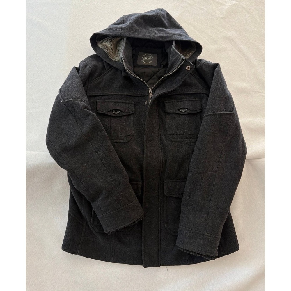 BKE Men's Wool Blend Jacket Coat Sherpa Hood Gray Zip Button Utility Size L